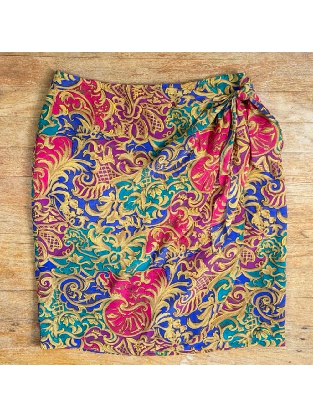 Vintage Ornate Filigree Print Silk Skirt Size Small (10) 28" Waist 90s Colorful